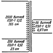 Схема и данные обмоток выходного трансформатора приемника 'Рекорд-52'