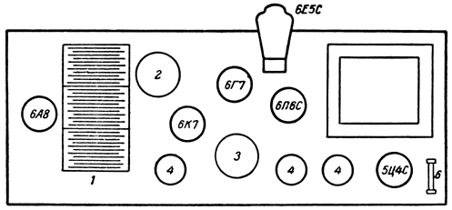 Расположение ламп и деталей на шасси приемника 'ВЭФ М-697'